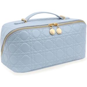 Travel Makeup Bag  Large Cosmetic Organizer with Waterproof PU Leather, Smooth Double Zipper & Tear-Resistant Lining, Toiletry Pouch for Women (Ice)