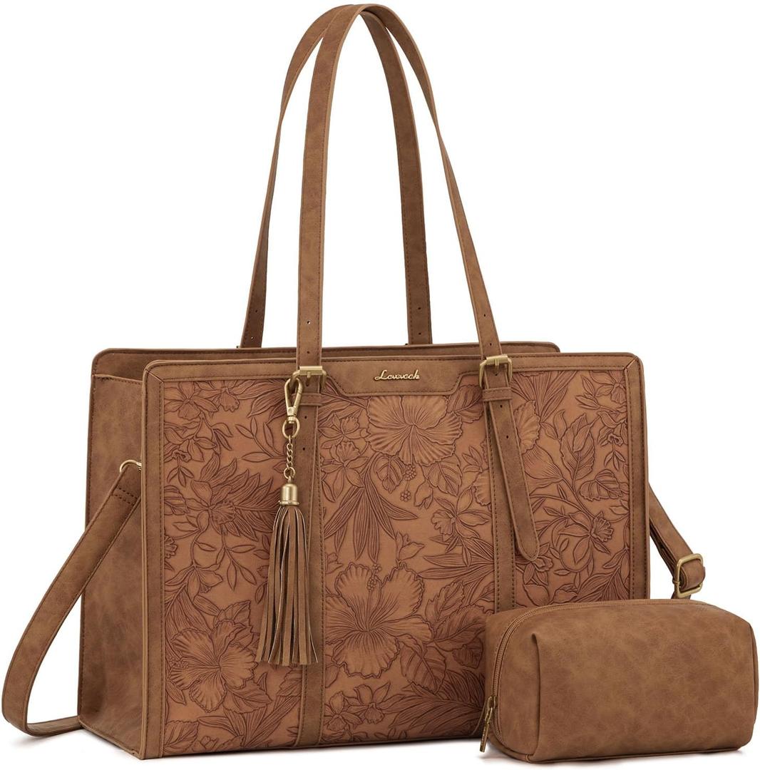LOVEVOOK Laptop Bag for Women Vintage Leather Work Tote 15.6 inch Large Capacity Computer bag with Clutch Purse for Office, Travel, Casual (Retro Embossed Brown)