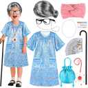 Old Lady Costume for Kids Girls, 100 Days of School Costume for Girls 100th Day of School, Granny Grandma Dress Up Nightgown, Wig, Cane, Glasses, handbag, Play Money Accessories Outfit for Kids 3+ Age