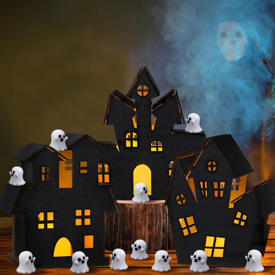13 Pcs 3D Ghost Halloween Village Haunted House DIY Kit 3 Large Wooden Castle House 10 Ghost Figurines Crafts Kit for Indoor Outdoor Halloween Party Decor Supplies