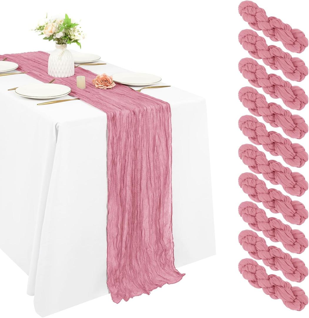 10 Pack Cheesecloth Table Runner 20 x 120 inch Long Boho Gauze Table Runners 10FT Semi Sheer Table Runner for Wedding Decor, Baby Shower, Birthday Party, Banquet (Dusty Rose)