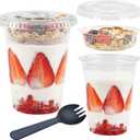 Zezzxu 50 Pack 12 oz Disposable Parfait Cups with Lids No Hole, Toppings Compartment and Spork, Yogurt Conatiner with Granola Holder for Take Away Breakfast and Snacks, No Leaking