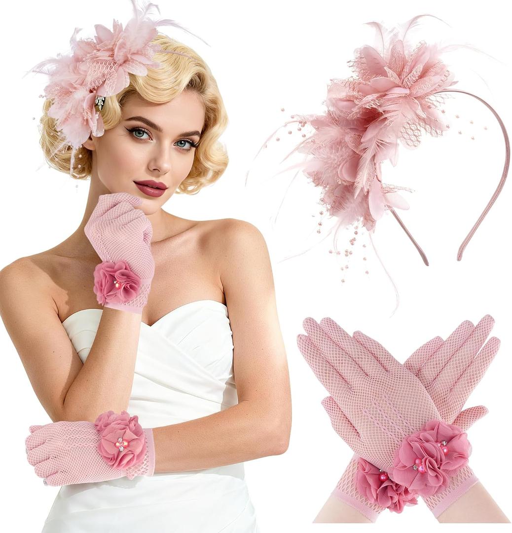 Fascinators Hats for Women and Tea Party Gloves Set, Headband with Feather Pearl Veil for Wedding Cocktail Dresses