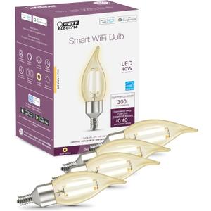 Feit Electric Vintage Flame Tip Smart WiFi LED Bulb, E12 Candelabra Base, 40W Eq. (3.3W), 2700K Soft White, Clear Filament, Dimmable, No Hub Required, 2.4GHz Only, CFC40/927CA/FIL/AG/4, 4 Pack