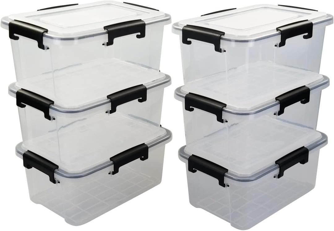 Morcte 6-Pack Clear Storage Box with Gasket Seal Lid, 12 Quart Plastic Gasket Box with Tight Latch and Seal, Stackable Nestable Tote Tub