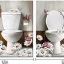 WELMECO Farmhouse Bathroom Wall Art Toilet Rules Sign Rustic Daisy Butterfly Painting Pictures Bathroom Wall Decor Framed Canvas Prints 12x12inchx2Pieces Brown (Pink)