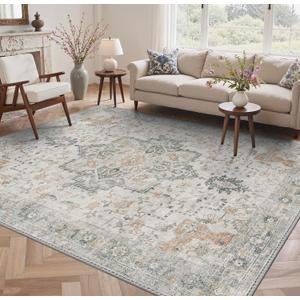 GENIMO No-Wash 9X12 Area Rug for Living Room Bedroom Patio, Waterproof Stain Resistant Oil Proof Chenille Carpet, Non Slip Vintage Boho Rug for Dining Room & Home Office Decor Light Taupe Brown