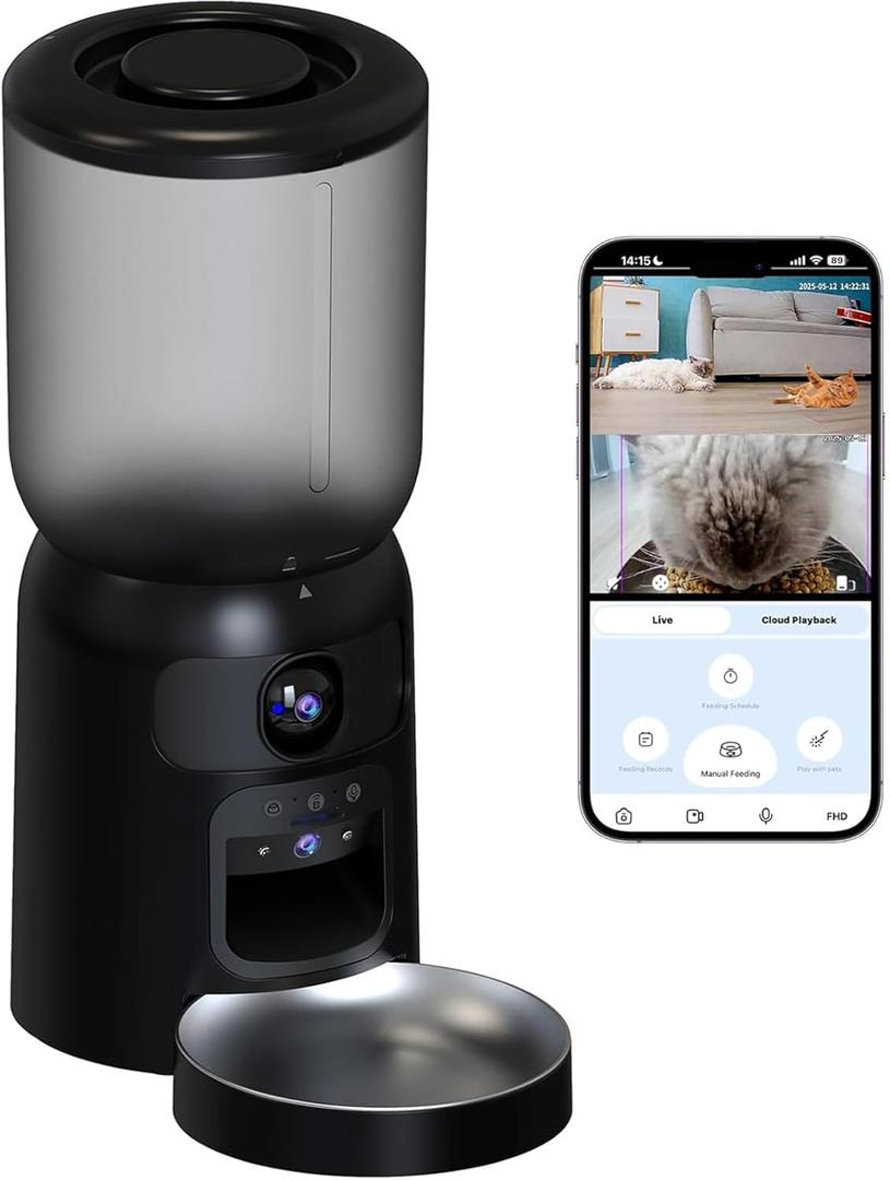 Kulahlik Cat Feeder, Automatic Dog Feeder with Camera, Cat Food Dispenser, 5G WiFi Pet Feeder with 2-Way Audio, Timed Pet Feeders, Motion Detection& Nightvision&120Wideangle (Black)