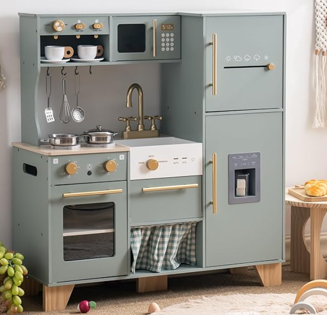 ROBUD Play Kitchen Set, Wooden Play Kitchen with Ice Maker, Fridge, Coffee Machine, Oven, Dishwasher, Microwave, Kitchen Accessories, Toy Kitchen Gift for Boys Girls, 3+