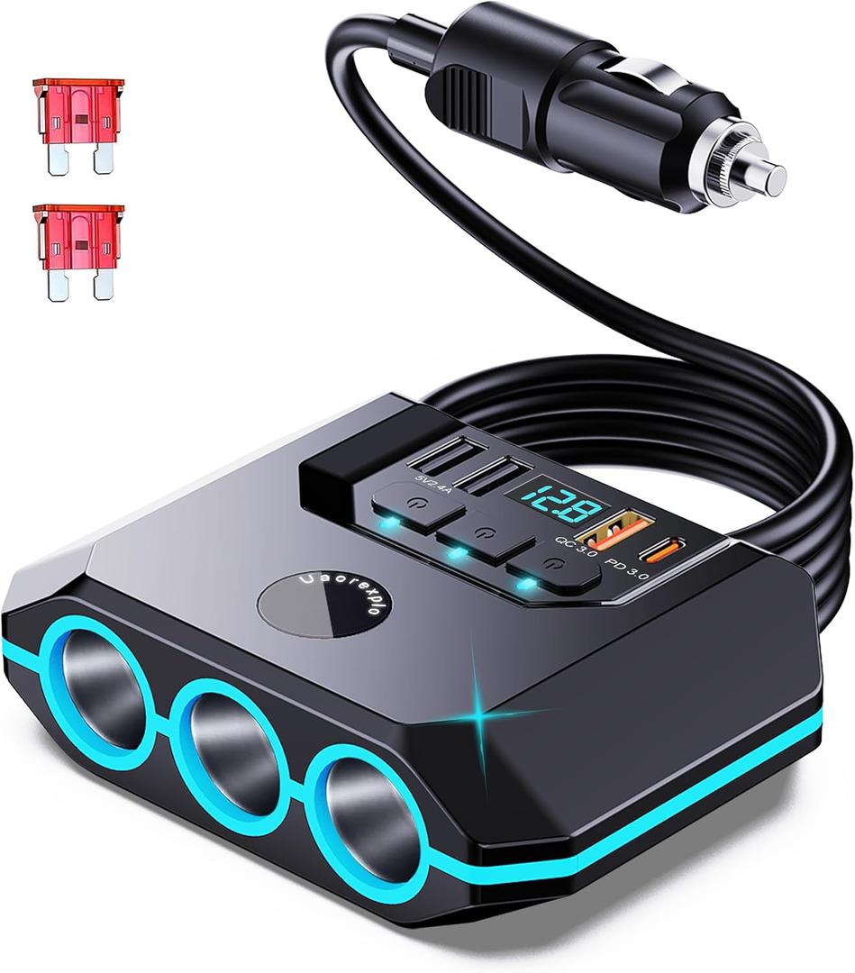 Car Cigarette Lighter Adapter Splitter, 120W, 3 Sockets+4 USB include 2 Quick Charge Ports, LED Voltmeter, Independent Switches, 30in Cable, Easy Fix and Move, Suitable for 12V-24V Vehicles.