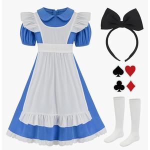 Halloween Costume for Girls, Bule White Callar Dress, White Apron and Black Headband, Set(130)