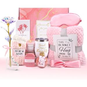 Mothers Day Birthday Gifts for Women Self Care Gift Get Well Soon Gifts, Rose Relaxing SPA Gift Basket Care Package, Luxury Flannel Blanket Valentine's Day Gift for Her Wife Mom Grandma Friend Pink