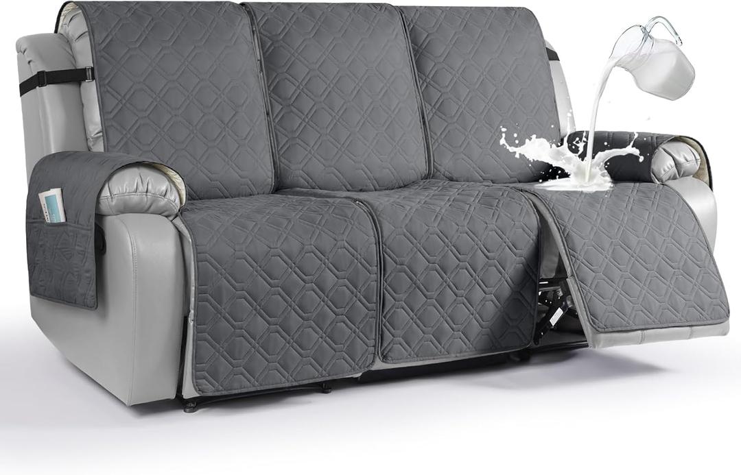 VANSOFY Waterproof Recliner Couch Covers, Sofa Covers 1-Piece Washable Reclining Sofa Cover Non-Slip Furniture Protector with Elastic Straps Pocket for Dogs, Pets(Dark Gray,3 Seater)