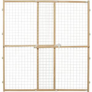 MidWest Homes for Pets Wire Mesh Pet Safety Gate, Pressure Mounted Dog Gate Measures 44 Inches Tall & Expands to 29-50 Inches Wide, Natural Wood & White Powder Coated Wire Mesh (Large)
