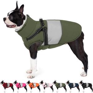 AOFITEE Dog Coat, Waterproof Dog Jacket Winter, Dogs Coat with Harness Built in, Warm Dogs Puffer Jacket with Zipper, Reflective Pet Snowsuit Sweater for Dachshund, French Bulldog, Boston Terrier, M