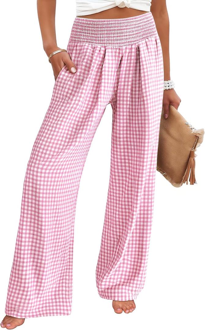 ANRABESS Womens Palazzo Pants, Striped & Gingham, Lounge & Casual, Cute Pajama Pants, Wide Leg, High Waisted, Pockets (Large, Pink White Plaid)