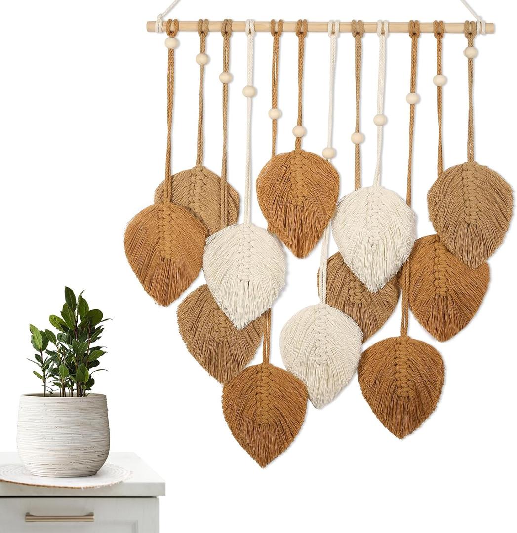 ASMPCUE Macrame Wall Hanging Leaves, Boho Wall Decor Art Feather Tapestry with 12 Leaves, Handmade Yarn Tassels Decorations for Living Room, Bedroom, Apartment Home Decor, 20 X 27.5 Inch, Brown