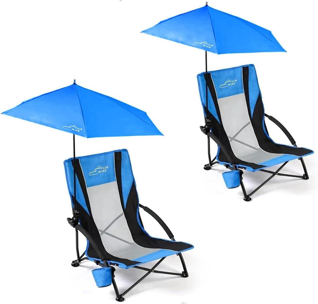 FAIR WIND 2 Pack Beach Chair with Umbrella for Adults Shade Chair Folding Backpack Portable Concert Bag Sand Chair with Cup Holder - Navy Blue with Black