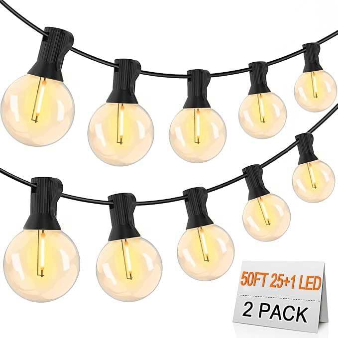 2 x Outdoor String Lights 50Ft 25 LED G40 Globe Bulbs Connectable Patio Waterproof Hanging Light for Outside Gazebo Porch Garden Bistro Party Wedding Backyard Deck Indoor Balcony Decor 2PACK