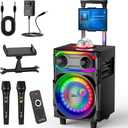 Karaoke Machine for Adults with 2 Wireless Microphones Portable Party Speaker BT PA System with Disco Ball LED Lights, Tablet Lyrics Display Holder, Remote Control, Rolling Wheels and Trolley