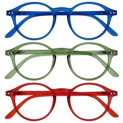 OPULIZE REY Reading Glasses for Women Men, Retro Round Frame with Spring Hinges, Matte Blue, Green, Red +2.50 (Pack of 3)