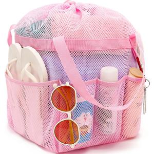Fammart Mesh Shower Caddy Portable with Drawstring, Dorm Room Essentials for College Girls Guys, 8-Pocket Extra Large Shower Bag Basket Tote for Camping Beach Gym Travel Toiletry Bathroom (Extra Large, Drawstring Closure - Pink)