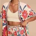 MakeMeChic Women's Two Piece Sets Summer Tropical Vacation Outfits Boho Floral Kimono Tops Shorts Set (Orange, XL)