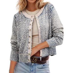 Ziesexy Leopard Cardigan Open Front Button Up Sweaters for Women Long Sleeve Shrug Cheetah Print Top Cropped Cardigan Jackets (Large)