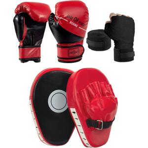3-in-1 Boxing Gloves and Punching Mitts Set for Kids, Sports Boxing Gloves Boxing Pads with Hand Wraps, Kids Boxing Equipment Set for MMA, Karate, Muay Thai, Taekwondo (Red 6oz)