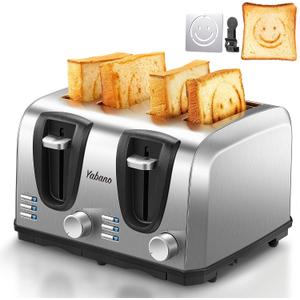 Yabano 4 Slice Toaster, Toaster with Extra Wide Slot and 7-Shade Settings, Defrost and Reheat Function, Make Toast with Smiley Faces, Stainless Steel