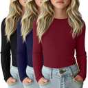 LessonZoo 3 Pack Girls Long Sleeve Shirts Ribbed Knit Cotton Layering Tops Slim Fit Crewneck Casual Undershirts(Black, Navy Blue, Wine Red XL