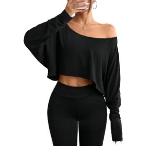Hilinker Womens Off Shoulder Long Sleeve Crop Tops Sexy Boat Neck Loose Casual T Shirt (Black)