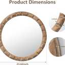 Solid Wood Wall Mirror, 24 Inch Round Hand-Carved Pine Wood Frame Circle for Wall Decor, Rustic Farmhouse Mirror for Bathroom, Living Room, Entryway, Natural Wood