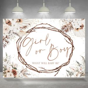 Boho Gender Reveal Backdrop Girl or Boy Pampas Grass Floral Baby Shower Party Photography Background Bohemian He or She Gender Reveal Party Decorations Supplies Banner Photo Booth Props 7x5ft