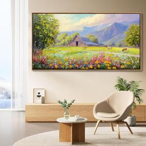AJAZIKO Rustic Mountain Wall Art - Farmhouse Landscape Wall Decor with Highland Cow & Floral Art - Nature & Country Artwork for Living Room, Bedroom & Walls - Framed Flower Pictures for Home 29x58IN (58L" x 29W", green)