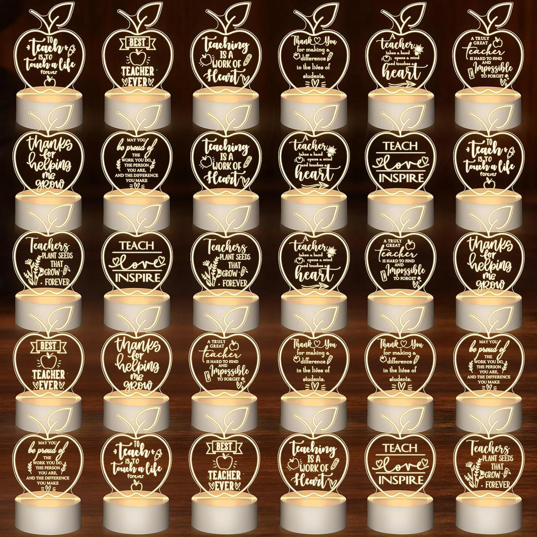 Thyle Set of 30 Teachers Appreciation Gift Bulk Acrylic Night Light with Base Thank You Gifts LED Night Lamp with Engraved Sayings for Women Teachers Graduation Employee Coworkers