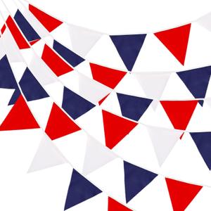 GCQQ 40Ft Red White Blue Banner - 4th of July Decoration Cotton Patriotic Fabric Pennant Triangle Flag Banners Garland for Independence National Day Nautical Theme Captain Graduation Party Decor