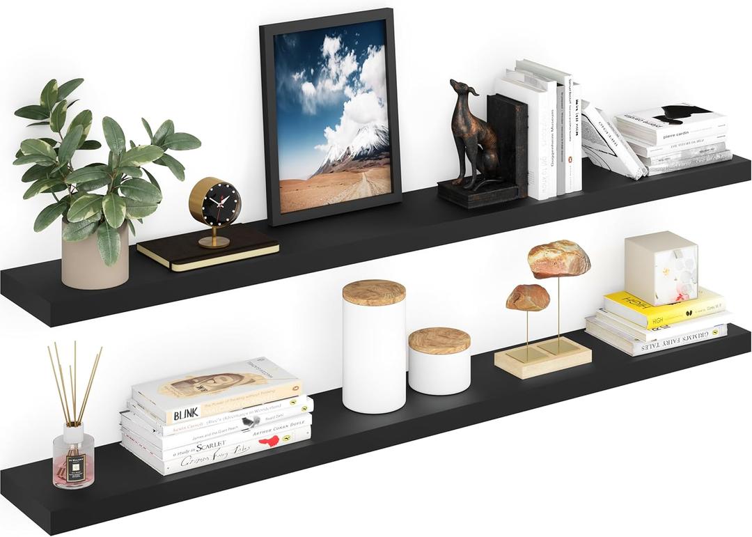 Ballucci Floating Shelves for Wall, 60" Wood Wall Shelf Set of 2, with Invisible Brackets for Bathroom, Living Room, Bedroom, Kitchen, Nursery, 8" Deep, Black