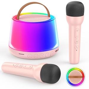 Mini Karaoke Machine for Kids, Portable Bluetooth Speaker with 2 Wireless Microphones and Led Light, Birthday Gifts for 4 5 6 7 8 9 10 11 12 Year Old Girl, Kid Karaoke Machine Toys, Pink