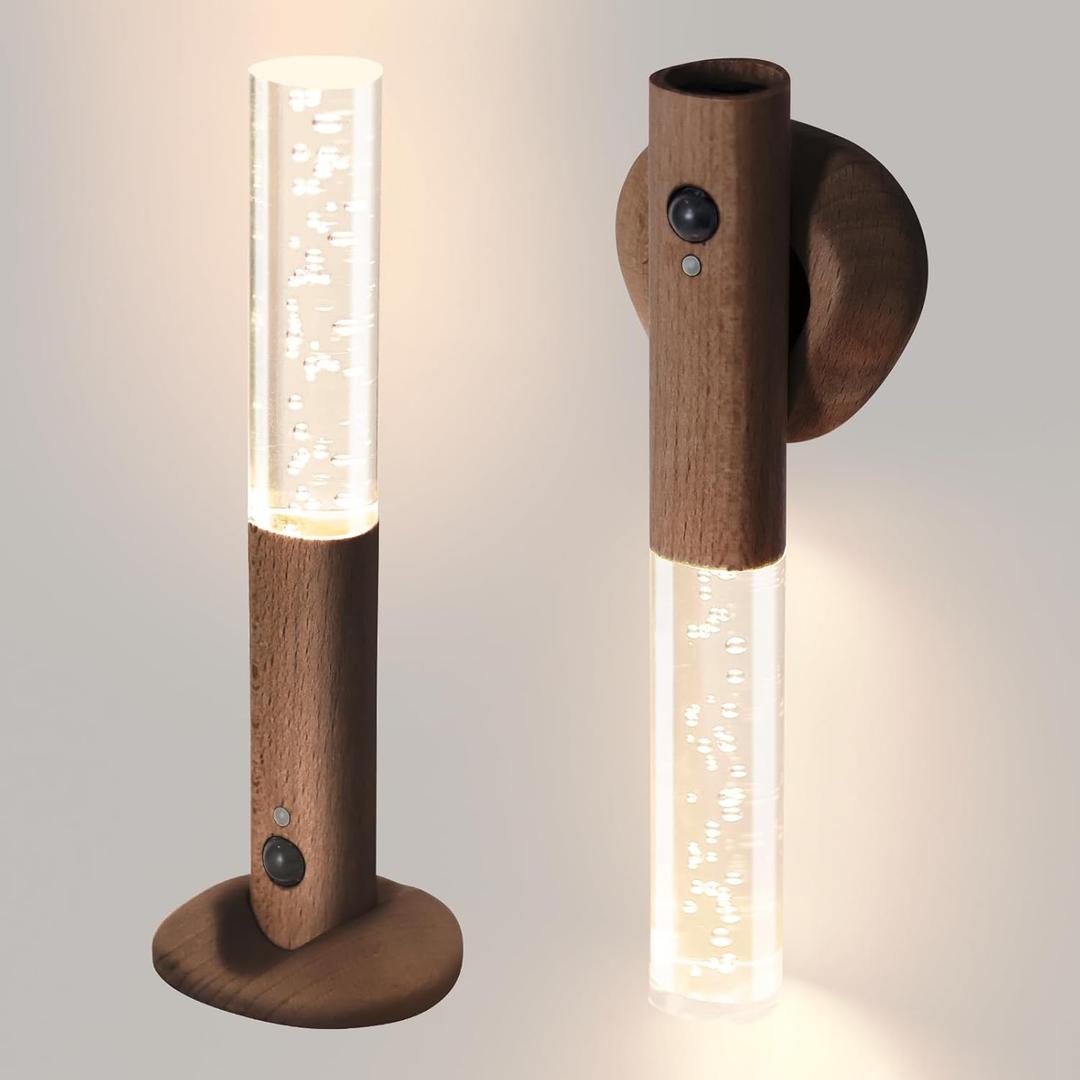 Motion Sensor Night Lights Indoor, Rechargeable Night Lights Wall Sconces Wooden Set of 2, Battery Powered Magnetic Wall Sconces Decor for Bedroom, Hallway, Bathroom, Stairway, ClosetWalnut Wood