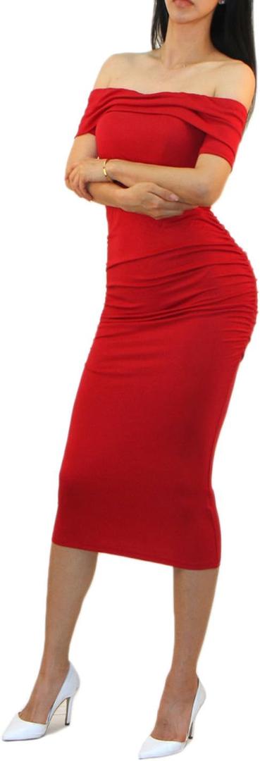 Vivicastle Women's USA Off Shoulder Ruffle Bodycon Fitted Midi Dress (Red, M)
