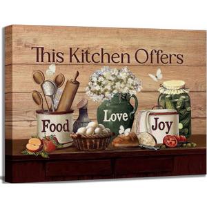 Country Kitchen Food Still Life Canvas Wall art Vintage Rustic Farmhouse This Kitchen Offers Food Love and Joy Painting Picture Wall Decor Poster Print Artwork for Dining Room Home Decoration (24"L x 16"W)