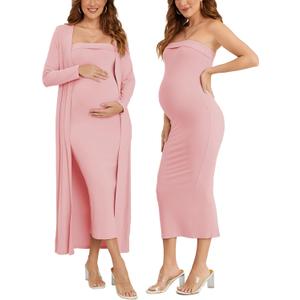 Ecavus Maternity Tube Dress Long Cardigan 2 Piece for Baby Shower and Wedding Guest Ribbed Maternity Photoshoot Dresses (Small, Pink)