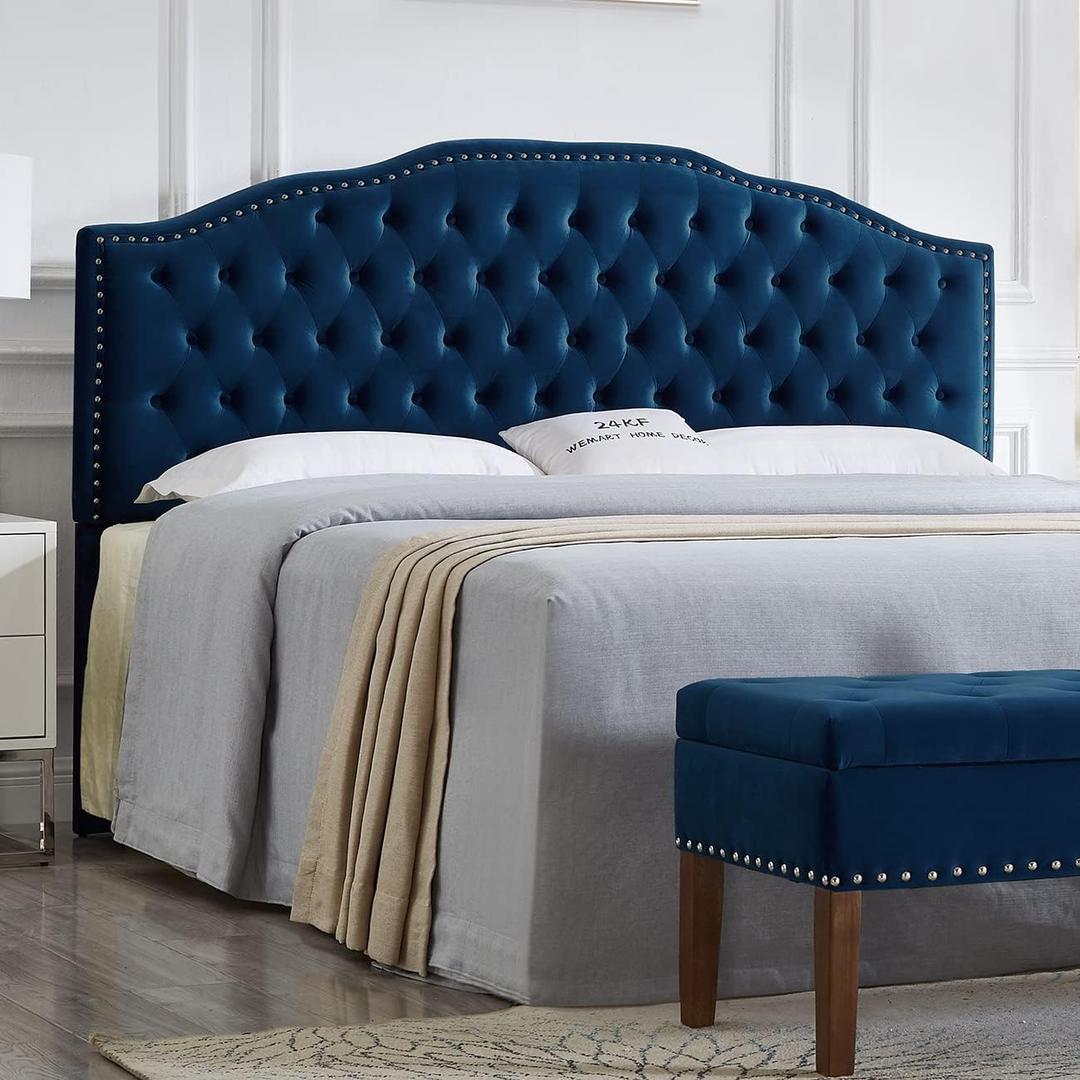 24KF Upholstered Button Tufted King Headboard with Nailhead Trim, Soft Velvet Fabric Headboard King/CA King - Navy