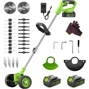 WORKIT 4-in-1 Electric Weed Wacker, 20V 6 Inch Cordless Weed Eater with Wheels, 2×4.0Ah Batteries & 4 Blade Types, Lightweight Stringless Brush Cutter for Small Yard & Garden Care