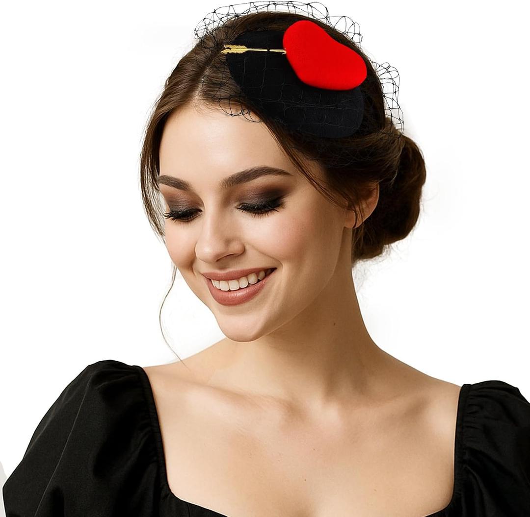 2 x Mini Beret Hearts Headpiece Valentines Day Fascinator for Women Derby Tea Party Wedding Veil Hats