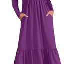 AUSELILY Womens Fall Dresses 2024 Long Sleeve Maxi Dress Casual Crewneck Flowy Tiered Wedding Guest Dress with Pockets (XL, Purple)