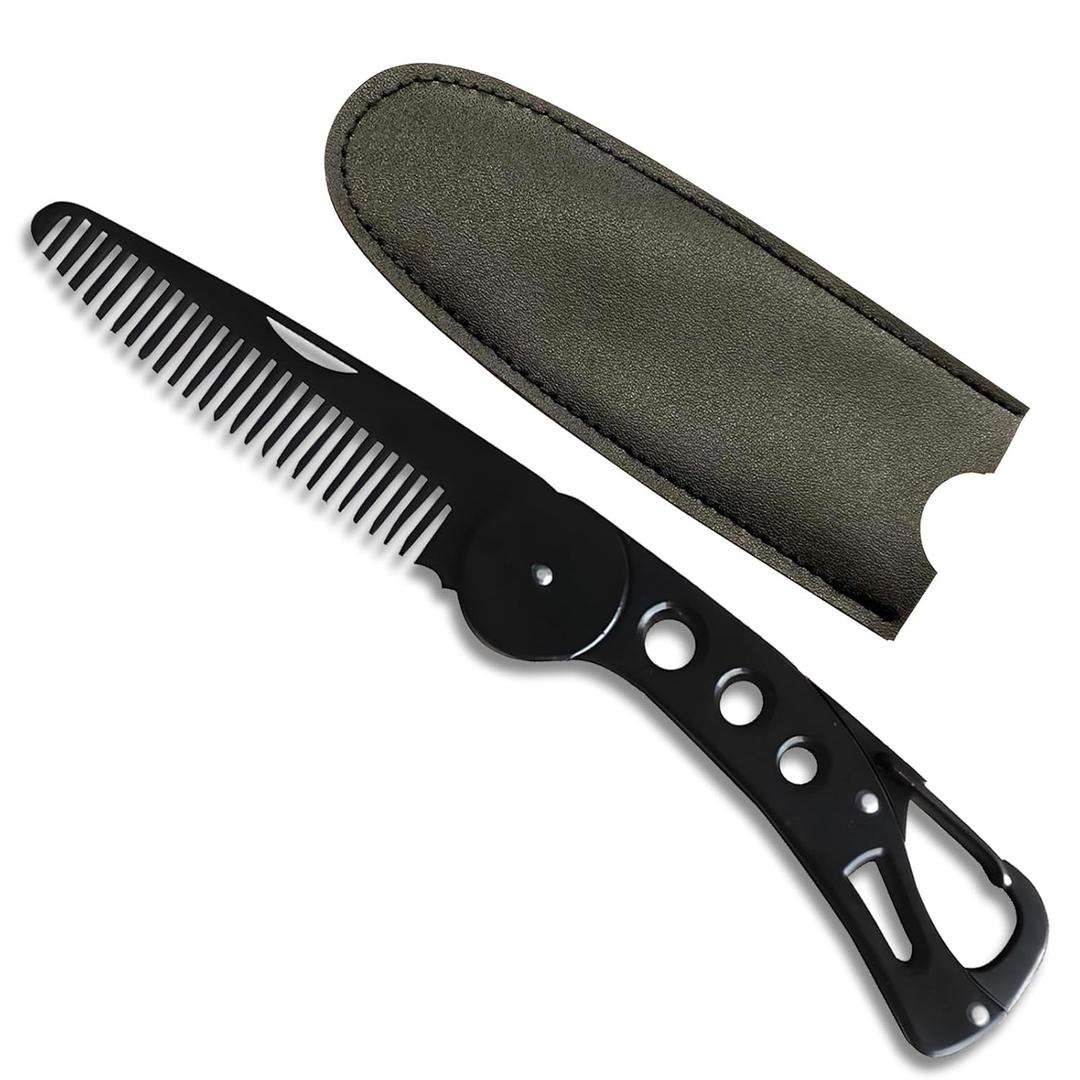 Stainless Steel Folding Beard Comb - Portable Multifunction Anti Static Comb with Leather Cover for Men Grooming, Combing Hair, and Mustache Styling