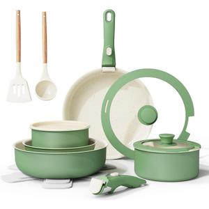 Ceramic Nonstick Cookware Set, Healthy,Non Toxic,17-Pieces Pots and Pans Set Removable Handles,Induction RV Kitchen Set,Stain & Scratch-resistant,Dishwasher/Oven Safe,PFAS/PFOA Free,Green