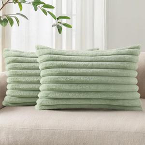 Pallene Faux Fur Plush Lumbar Throw Pillow Covers 12x20 Set of 2, Luxury Soft Fluffy Striped Decorative Pillow Covers for Sofa, Couch, Living Room, Sage Green